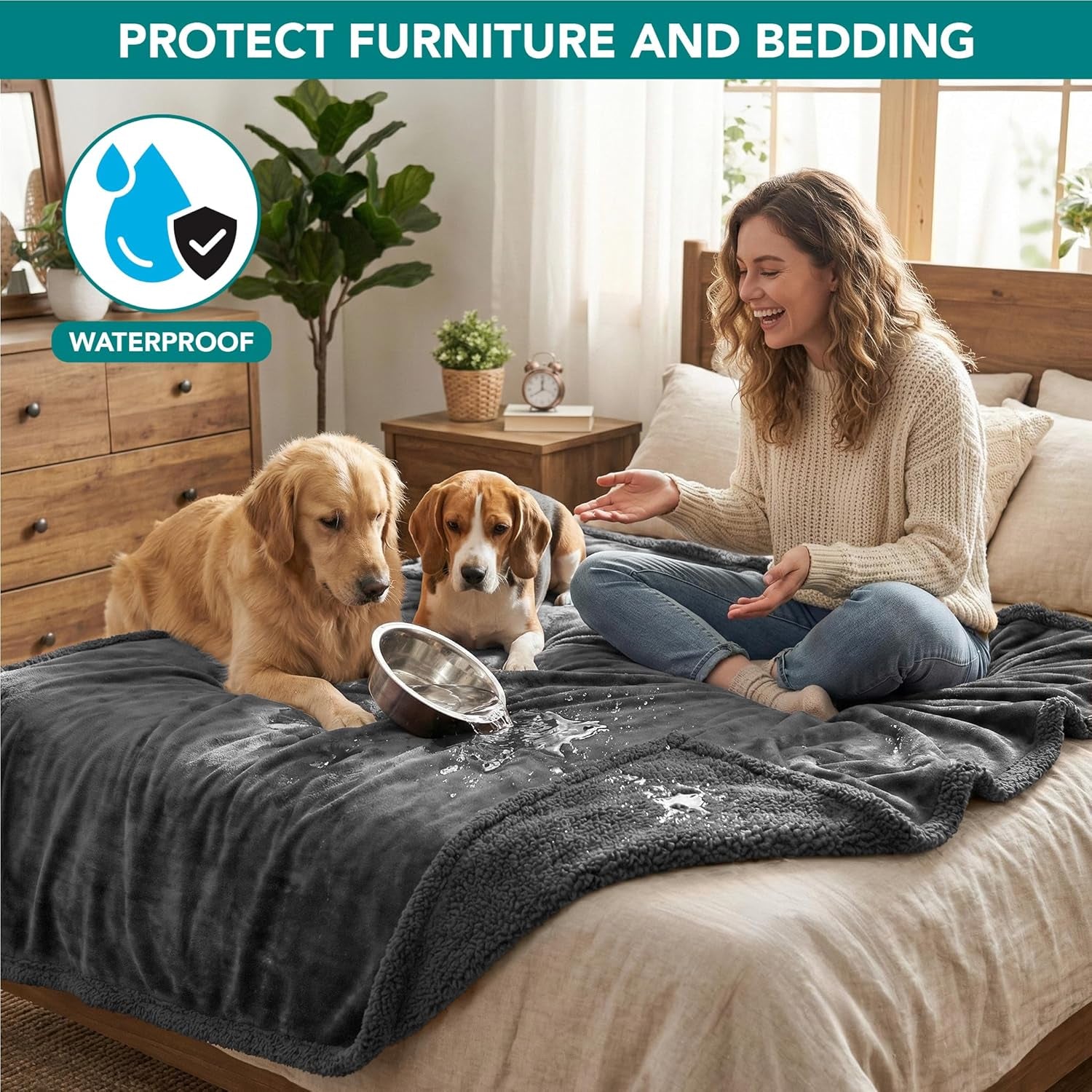 Waterproof Dog Blanket for Bed, Couch, Sofa | Waterproof Dog Bed Cover for Large Dogs, Puppies | Sherpa Fleece Pet Blanket Furniture Protector | Reversible Microfiber