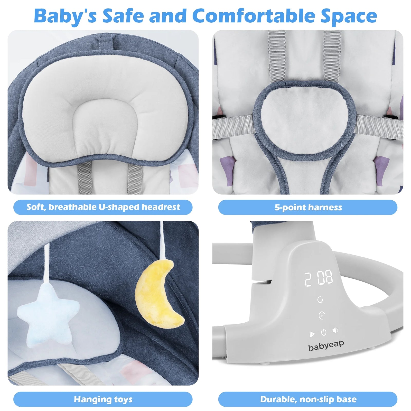 Baby Swing for Infants - APP Remote Bluetooth Control, 5 Speed Settings, 10 Lullabies, USB Plug (Blue)